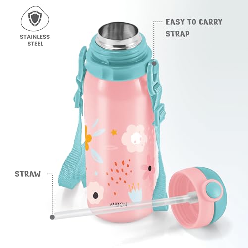 Image of MILTON Torque 650 ISI Certified Stainless Steel Water Bottle, Leak Proof, Rust Proof, Single walled,1 Yr Warranty, Ideal Sipper Water Bottle for School Kids Bottle, 625 ml, Pink (Flowers)