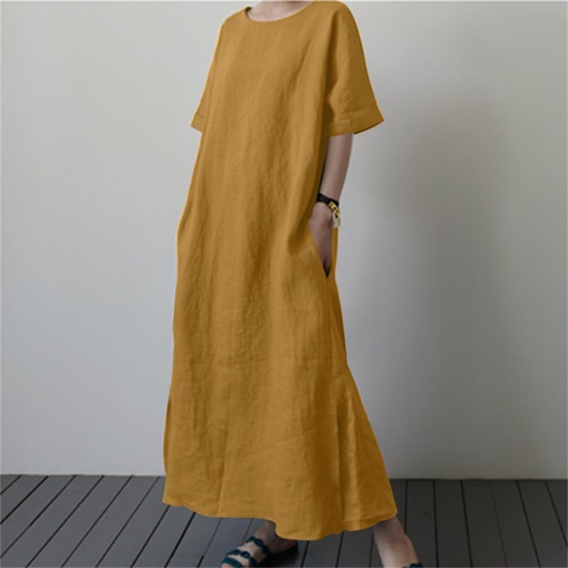 Akivide Women's Cotton Linen Dresses Flowy Short Sleeve Crew Neck Plus Size Vacation Casual Maxi Dress with Pockets - Image 4
