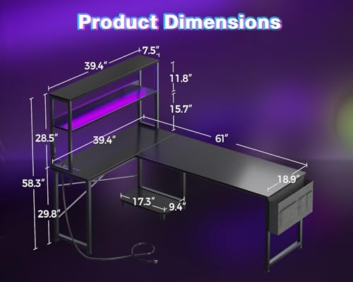 AODK L Shaped Desk Gaming Desk with LED Light & Power Outlet, 61 Inch Reversible L Shaped Computer Table with Shelf & Storage Bag & Hook for Home Office, Black