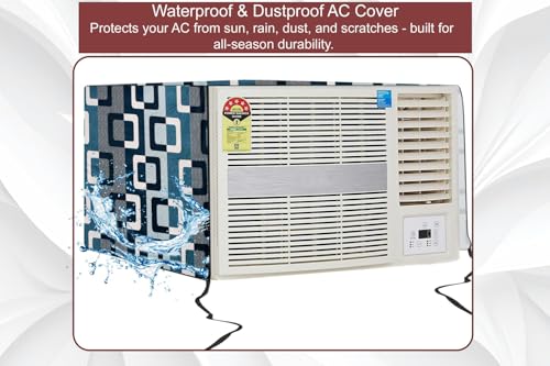 Image of The Furnishing Tree Window AC Cover for 1 Ton capacity PVC Waterproof and Dustproof Lattice Pattern Blue