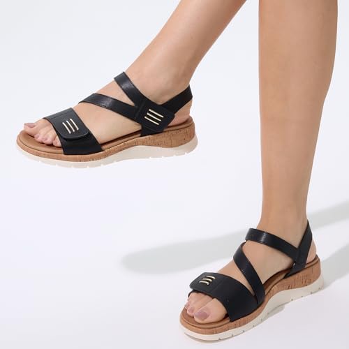 Image of UBFEN Womens Low Wedge Walking Sandals with Arch Support | Open Toe Sandals Adjustable Instep and Ankle Straps for Summer Everyday Outfits, Travel,Vacation