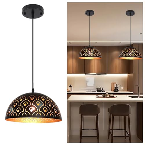 Image of Kitchen Pendant Lights Over Island Vintage, Black and Gold Dome Pendant Lighting Fixtures Farmhouse Hanging Ceiling Lamp Retro Industrial E26 Single Chandelier for Dining Room Bedroom Sink 11.81 inch
