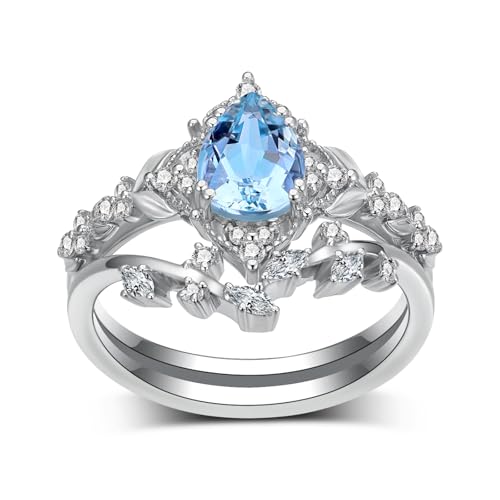 Natural Pear-Cut Aquamarine Engagement Rings Sets for Women,925 Sterling Silver Moissanite Leaf Wedding Ring Sets,Bridal Ring Sets for Anniversary Birthday