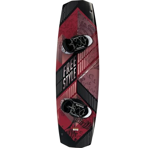 RAVE Sports Freestyle Wakeboard and Bindings Package (Red), Wide 4-Point Design for Grip in Turns, Continuous Rocker for Stable Landings, 139 cm x 42.8 cm, for Riders Over 125 lbs., Adjustable Fit