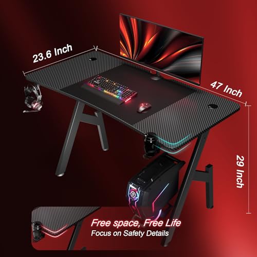 HLDIRECT Gaming Desk 47 Inch Gamer Desk Carbon Fiber Surface Computer Workstation Home Office Ergonomic PC Desk Simple Gaming Table with Cup Holder & Headphone Hook - Image 4