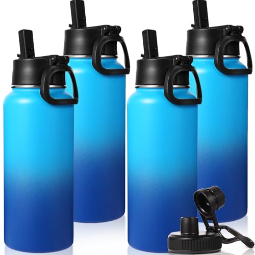 Neihepal 32 oz Insulated Water Bottles Bulk with 2 Lids (Straw & Spout Lid), Stainless Steel Double Wall Water Bottle, Keeps Cold 24H & Hot 12H (Green Blue,4 Pack)