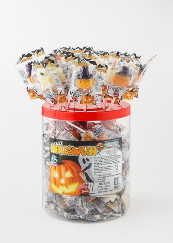Piruletas Halloween. Caramelo con Palo en forma de Calabaza y Fantasma. Sabor cereza. Sin Gluten ni Alérgenos. Bote de 100 unidades. Con envuelta individual.