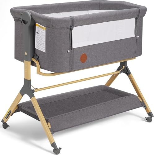 Image of Familypoint Baby Bassinet with Waterproof Mattress Cover, Bedside Bassinet with Wheels and Storage, Height Adjustable Fit for Any Bed, Baby Bed Crib for Newborn (Classic Grey)