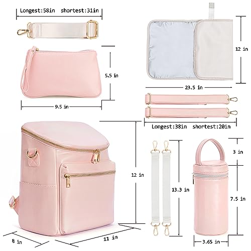 Image of Minsong Diaper Bag Backpack, Fashion Leather Mommy Backpacks, Travel Baby Diaper Bags with in Bag Organizer and Changing Pad (Pink)