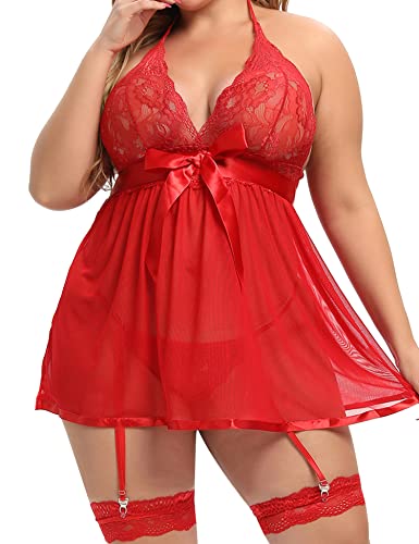 Aranmei Lencería Talla Grande Mujer Sexy Babydoll Encaje Camisón con Cuello Halter Liguero Conjunto de Lencería, Rojo, XXL