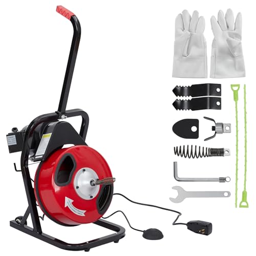 Professional Electric Drain Cleaner - Drain Cleaner Machine Clears 1-4 in Pipes with Ease - 50 ft x 1/2 in, 4 Cutters, Foot Switch, Gloves. K-300K 50F