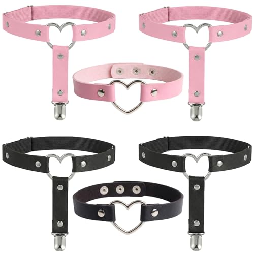 Spetsbst Strumpfband Damen Set, 6 Stück Leder Bein Strumpfband Choker Schwarz Rosa Verstellbar Punk Gothic Anti Rutsch Clip Strumpfhalter Karneval...