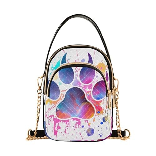 Watercolor Dog Paw Print Shoulder Handbag Women Colorful Phone Bags with Chain Strap Quilted Zipper Designer Bowler Tote