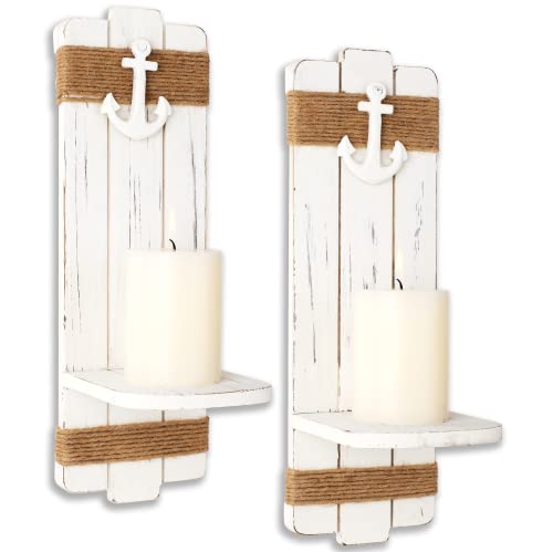 Tideandtales Nautical Wall Decor Candle Sconces W/Anchor Decor - Set Of 2 Rustic Coastal Farmhouse Candle Holders, Distressed Ocean Theme Wall-Mount Candleholders For Bedroom, Nautical Bathroom Decor #TOP8