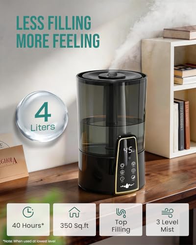 Image of YOKEKON Humidifiers for Bedroom,1.06Gal(4L) Dishwasher Safe Design Easy to Clean,Top Fill,Night Light,Aroma Diffuser,Humidity Control,12H Timer,Sleep Mode,3 Level Mist,360 Nozzle,Home,Nursery,Black