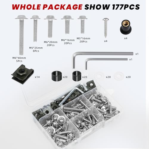 Image of 177Pcs Motorcycle Fairing Bolt Kit Silver, M5 M6 Windscreen Screws