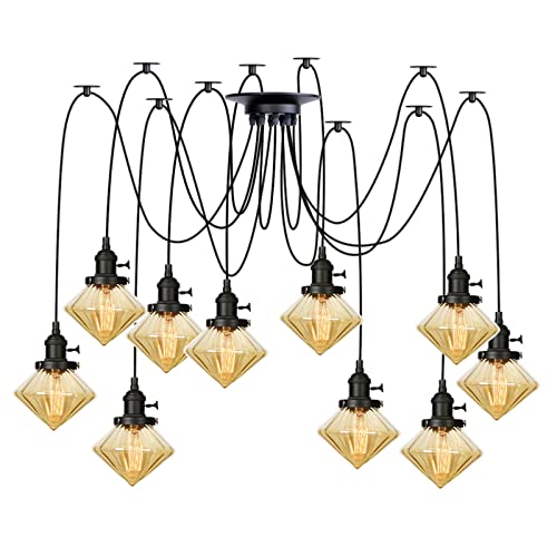 Lampe araignée de plafond industrielle noire à 10 lumières ambrées