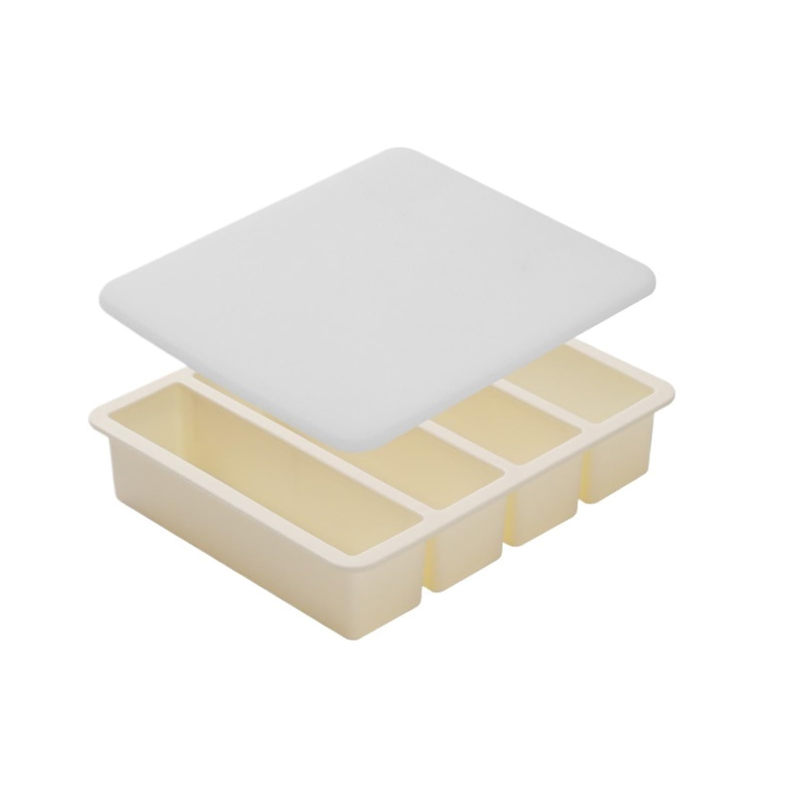 Molde for cubitos de hielo 4 rejillas, molde reutilizable silicona, bandeja Rectangular for congelados con cubierta, caja almacenamiento cocina duradera, herramienta(Cream white with lid)