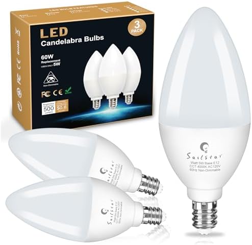 Candelabra Light Bulbs 60 Watt Equivalent, 4000K Natural Daylight, 5W E12 Small Base Type B LED Bulbs, 500 Lumens, Chandelier Ceiling Fan Light Bulbs, CRI 85, Non-dimmable, Pack of 3