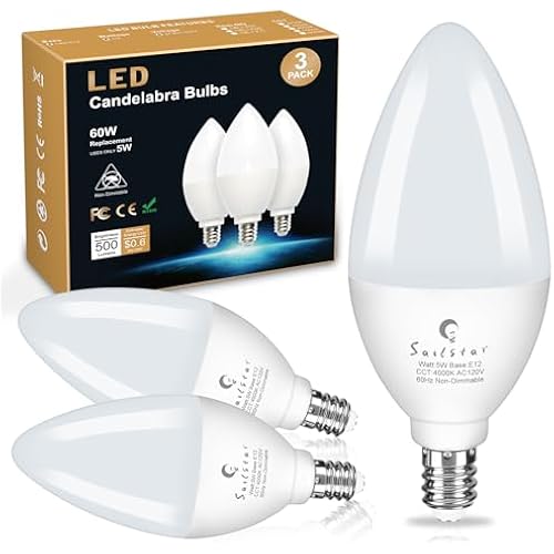 Candelabra Light Bulbs 60 Watt Equivalent, 4000K Natural Daylight, 5W E12 Small Base Type B LED Bulbs, 500 Lumens, Chandelier Ceiling Fan Light Bulbs, CRI 85, Non-dimmable, Pack of 3