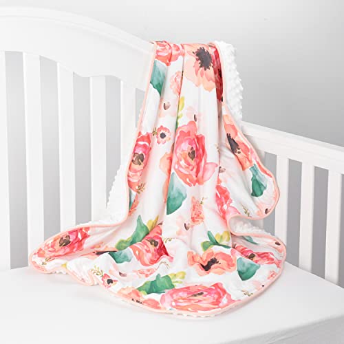 3 Pcs Set Boho Floral Ruffle Baby Minky Blanket, Peach Floral Nursery Crib Skirt Set Baby Girl Crib Bedding (Coral) #TOP6