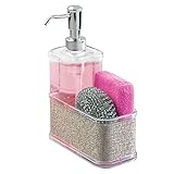 mDesign Soap Dispenser Pump with Sponge and Scrubber Caddy Organizer for Kitchen Countertops - Metallico/Chrome