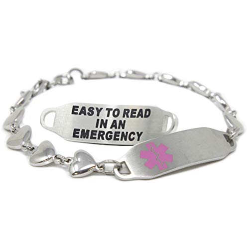 My Identity Doctor Medical Bracelet For Women With Free Engraving, Stainless Steel Personalized Medic ID Custom Sized Heart Chain Alert - Pink - Made In USA - WRIST SIZE 7.25 inch