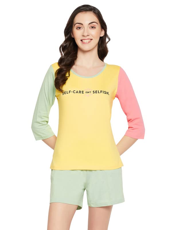 Image of Clovia Women's Cotton Print Top & Chic Basic Shorts Set (LS0661D02 Yellow 1 M)