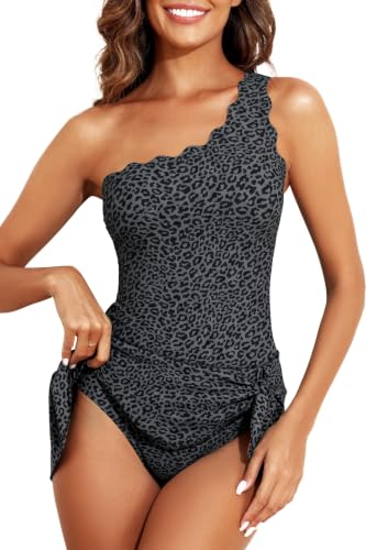 Image of Tempt Me Women One Piece Swim Dress One Shoulder Swimsuit | Tummy control, Skirted bottom, Adjustable shoulder straps, Removable bra