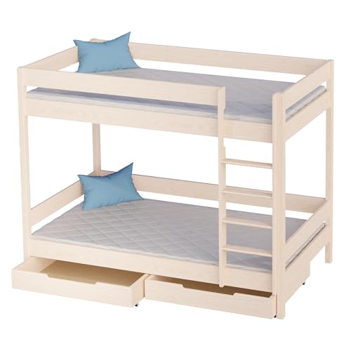KidsComfort Etagenbett 80x180 cm Gebleichte Eiche | Set mit Matratzen | Kinderbett mit Rausfallschutz | für 2 Kinder | zwei Matratzen und zwei Schubladen | zwei Lattenroste dabei