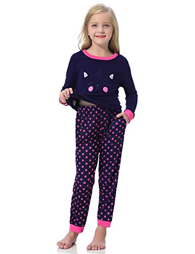 Hawiton Children's Cotton Pajamas Set Boy Girl Cute Cartoon Sleepwear Unisex Kids PJS Sets Loungewear with Pocket Dark Blue