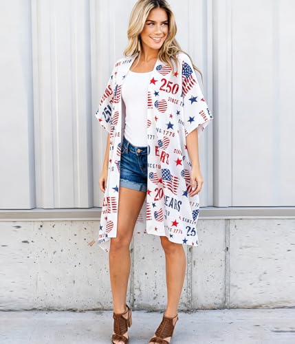 Image of Women's American Flag Kimono Cardigan 4th of July Cover Up Lightweight Patriotic Kimono Cover Up