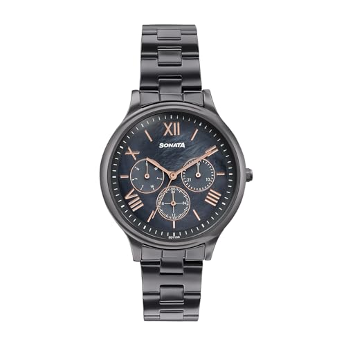 Image of Sonata Axis with Quartz Analog Black MOP Premium Multifunction Design Dial IP Gun Strap Watch for Women - 87119QM01