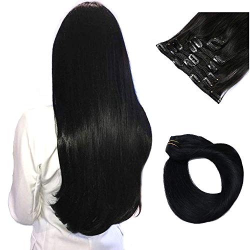 Black Hair Extensions Clip in Human Hair 100% Brazilian Virgin Real Remy Hair Extensions Clip on for Women Double Weft Full Head Silky Straight Glueless Natural Black 70g 7pcs 16 Clips 22 Inch