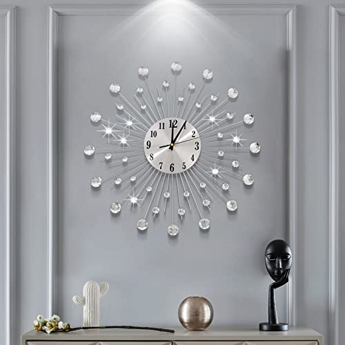 Jugv 19.7 Inch Large Wall Clock For Living Room Decor, Non-Ticking Quiet Modern Metal Starburst Bling Silver Crystal Wall Clocks Decor For Bedrooms Kitchen Decorative #TOP2