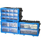 HMF Caja organizadora para piezas pequeñas con cajones, Set de 3, caja de clasificación ampliable para tornillos y herramientas | 36 compartimentos | 29,5 x 19,5 x 16 cm | azul-negro