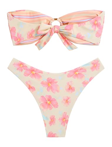 Image of ZAFUL Women's Bandeau Bikini O Ring Strapless Tie Back High Cut Two Piece Swimsuit Bathing Suits