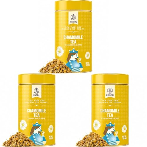Image of Hindraj Chamomile Rani Herbal Green Tea 100 g Loose Leaves Organic, Refreshing Ice Tea, 100% Natural Ingredients, No Added Sugar Soothing & Cooling, Great for Hot & Cold Brews (Pack of 3)