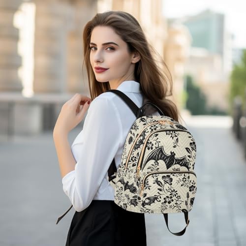 Image of Goth Bat Flowers Quilted Backpack Purse for Women Fashion Small Backpack M | Shoulder Bag Travel Casual Daypack