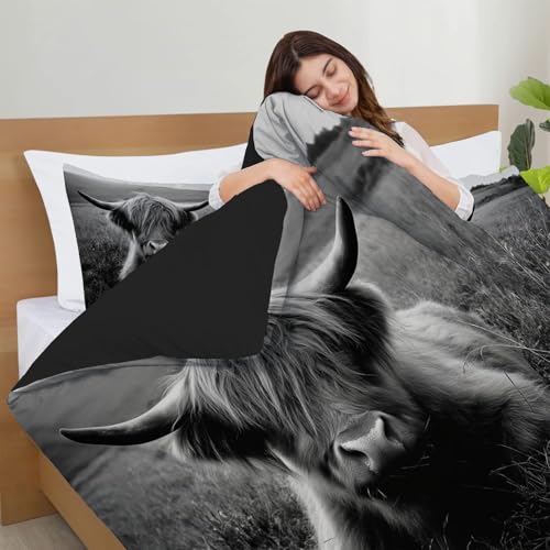 Linge de lit imprimé Highland Cattle 200x200 parure grise avec zip - 6