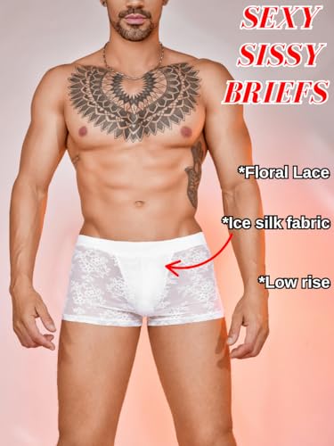 Mens Sexy Floral Lace Lingerie, Low Rise Sissy Pouch Panties, Ice Silk Sheer Boxer Briefs2