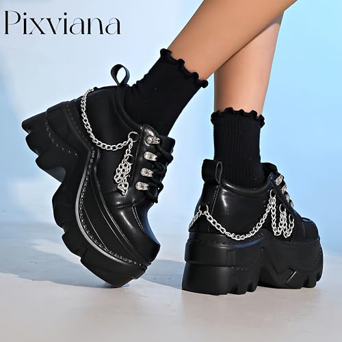 Image of Women's Platform Sneakers Fashion Wedge Chunky Black Casual Y2K Bride Wedding Sneaker Heels Platform Shoes for Women with Chains plataformas de Mujer Size 5.5-11