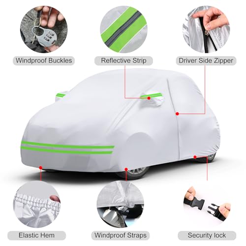 Image of Waterproof Car Covers Replace for 2007-2024 Fiat 500 /500C, 6 Layers Silver All Weather Car Cover with Zipper Door & Windproof Bands for Snow Rain Dust Protection