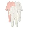 Amazon Essentials Unisex Babies' Footed Sleep and Play, Pack of 3, Dusty Rose/Dots/Stripe, 0-3 Months