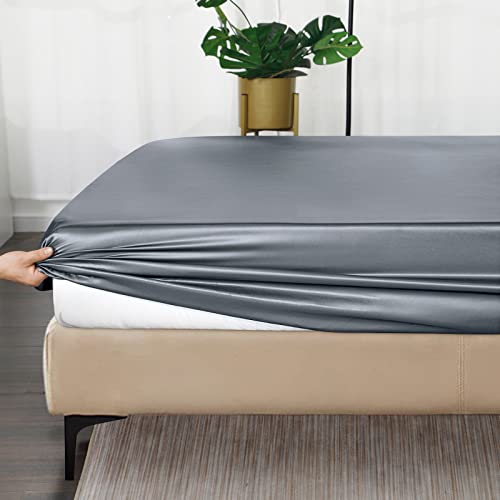 Image of Ersmak Satin Fitted Sheet Only, Luxury Silky Twin Fitted Sheet Ultra Soft Deep Pocket Bottom Sheet, Wrinkle & Fade Resistant - Silver Grey