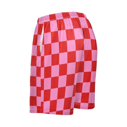 Men's Pink and Red Buffalo Checkered Pajama Shorts with Pocket and Drawstring S3