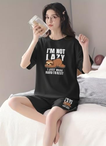 Image of Women Korean Cotton Blend Night Suit | Printed Shorts Sleepwear Set | Short Night Dress Set for Women | Soft Printed T-Shirt & Shorts Pajama Set | Comfortable Summer Nightwear for Ladies & Girls