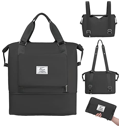 Hoseay Sporttasche Faltbare Reisetasche Herren Jungen, Travel Duffel Gym Bag mit Nassfach, Wasserdicht Leicht Badetasche Reise Tasche Weekender Schwimmtasche Fitnesstasche Trainingstasche, Schwarz Cover