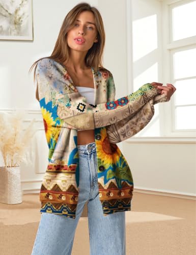 Image of YESNO Women's Fall V-Neck Cardigan Sweaters Casual Graphic Oversized Open Front Button Down Long Sleeves Knit Tops SCV