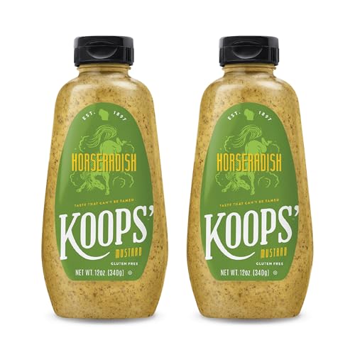 Image of Koops Horseradish Mustard, Bold & Zesty, Gluten Free, 12 oz, 2 Pack | Kosher, All Natural Ingredients, Easy Squeeze Bottles, Sandwiches, Burgers, Hot Dogs, Dips and Dressings